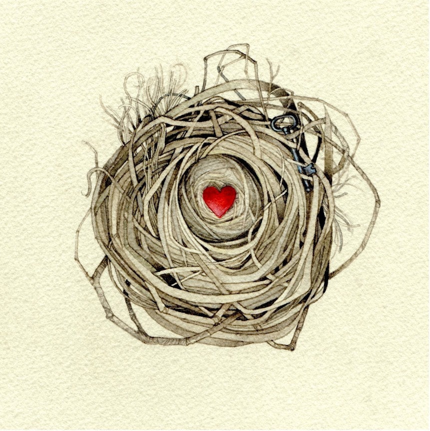 original watercolor heart and key nest art OOAK