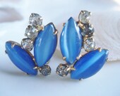 Vintage Sterling Royal Blue Cat's Eye Moonstone Earrings Gold Vermeil