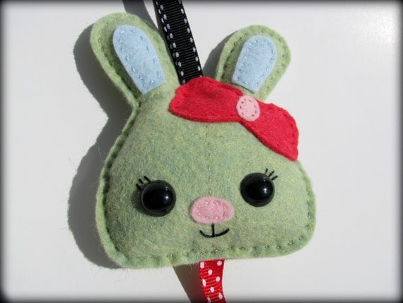 felt plush barrette holder - Bunny rabbit felt ribbon hanger -  green and red hair bow organizer - hand stitched lime green and red