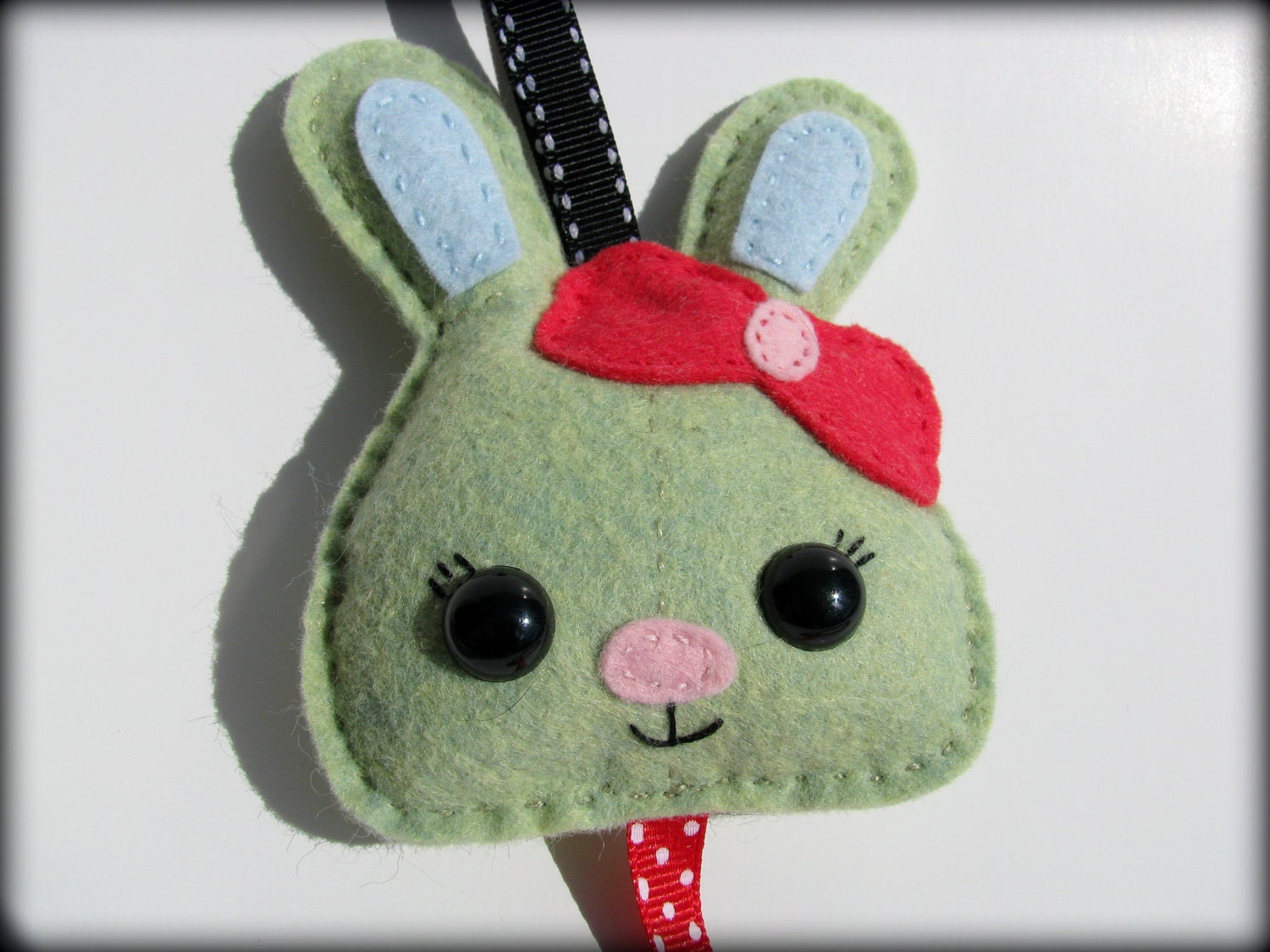 felt plush barrette holder - Bunny rabbit felt ribbon hanger -  green and red hair bow organizer - hand stitched lime green and red