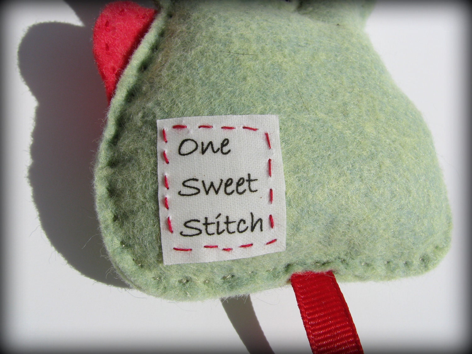 felt plush barrette holder - Bunny rabbit felt ribbon hanger -  green and red hair bow organizer - hand stitched lime green and red