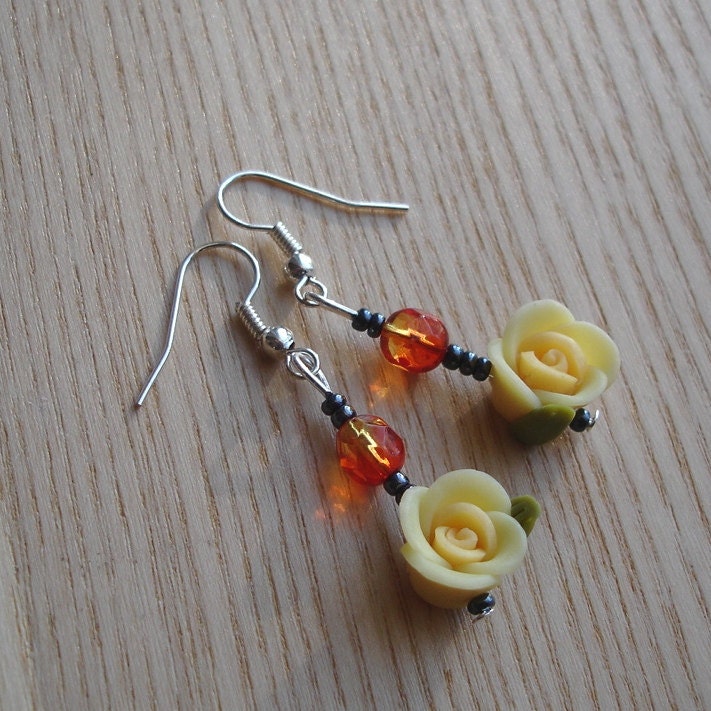 Yellow Polymer Clay / FIMO Rose Flower and Glass Bead Earrings