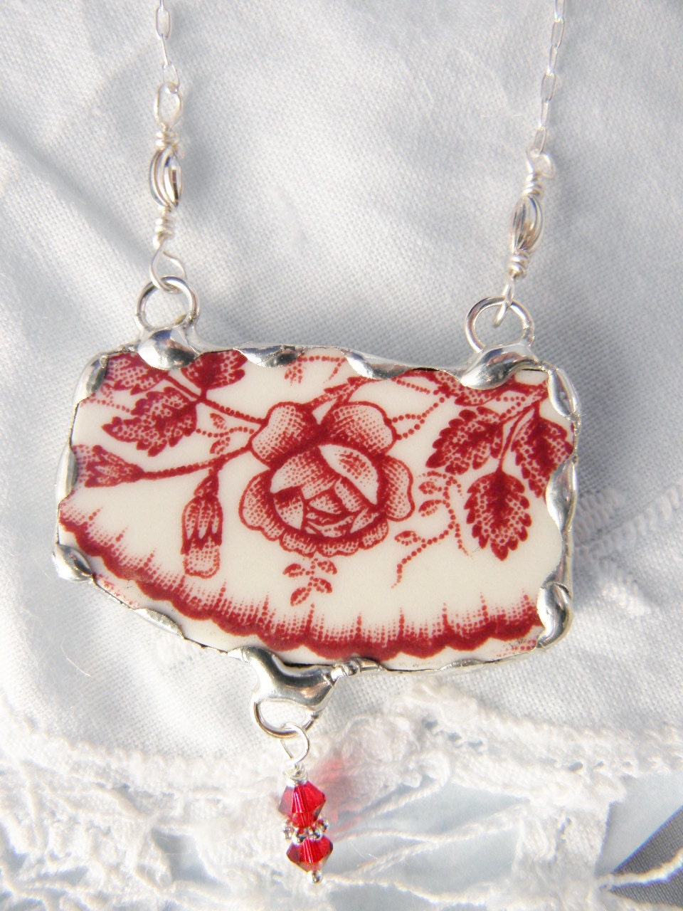 Broken China Jewelry Pendant Necklace - Red Floral Sterling Silver Chain Included