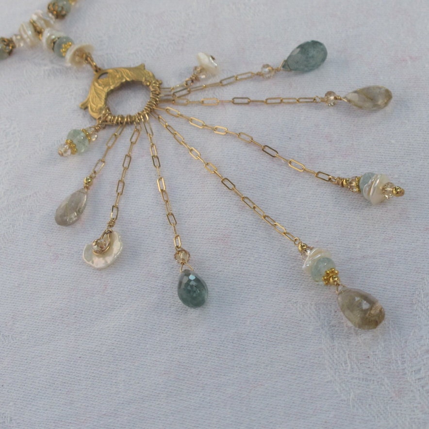GOLDEN RAIN FALL - 3 Piece Gemstone Set  -  Moss Aquamarine, Heshi Pearls, Rutilated Quartz