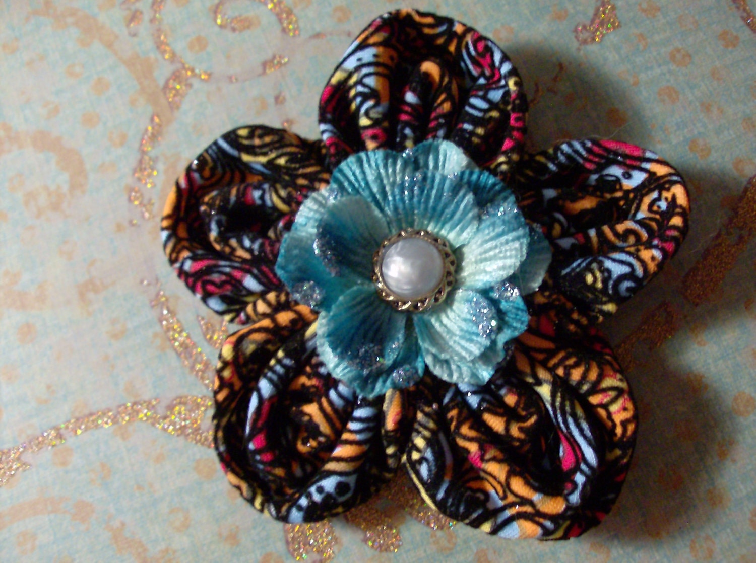 Blue/Orange Shimmer Fabric Flower Embellishment