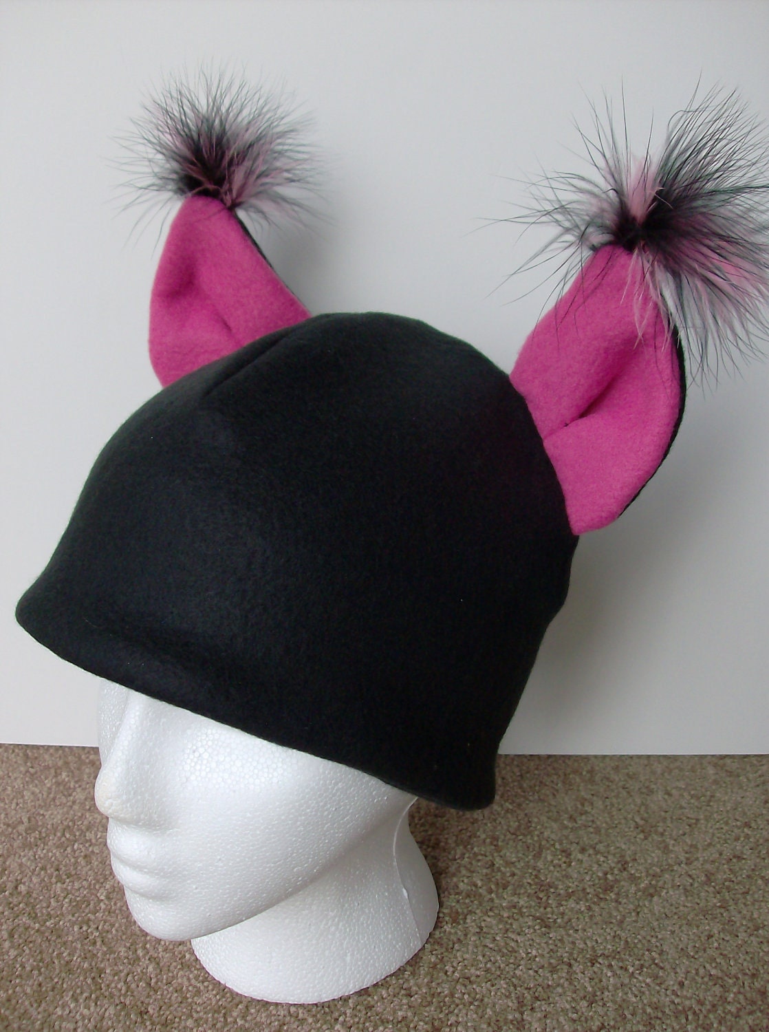 Black/Pink Kitty Hat - Fleece with Feather Tufts