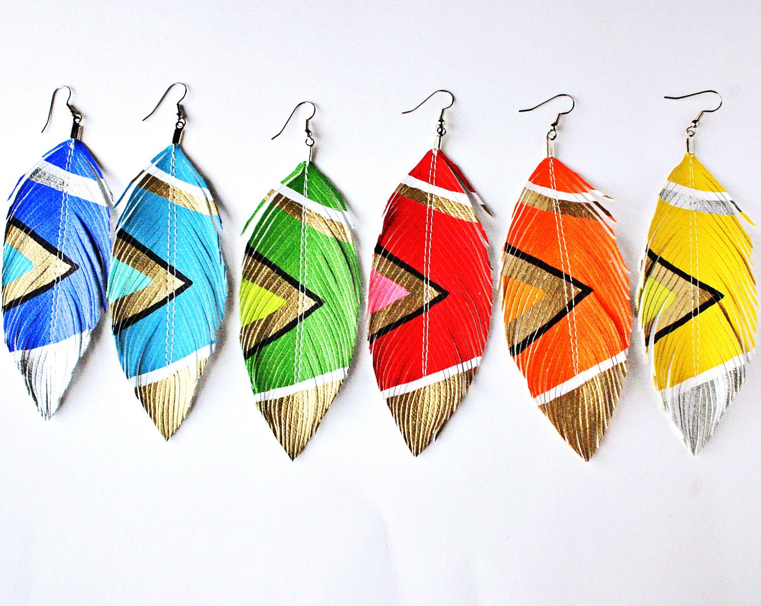 Aztec Summer Brights - YOU Pick Color - 4.5 inch - Handpainted Faux Leather Feather Earrings - Surgical Steel - Free Shipping