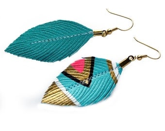 Neon Aztec  - Turquoise - 3 inch - Faux Leather Feather Earrings