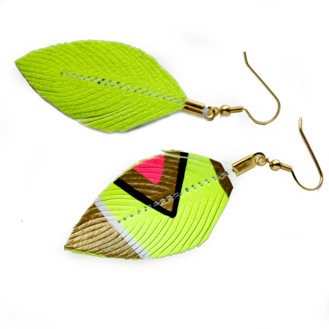 Neon Aztec  - Light Neon Yellow - 3 inch - Faux Leather Feather Earrings