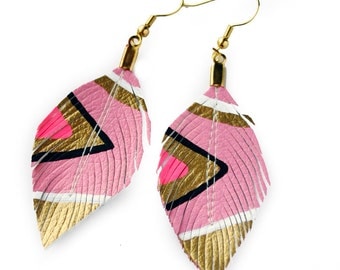 Neon Aztec  - Cotton Candy - 3 inch - Hand Painted Faux Leather Feather Earrings