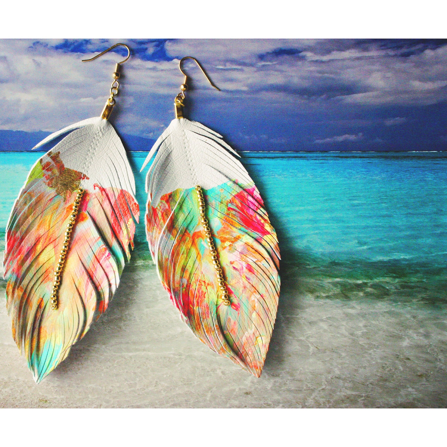 Painters Palette - Faux Leather Feather Earrings- Tan/Nude or White