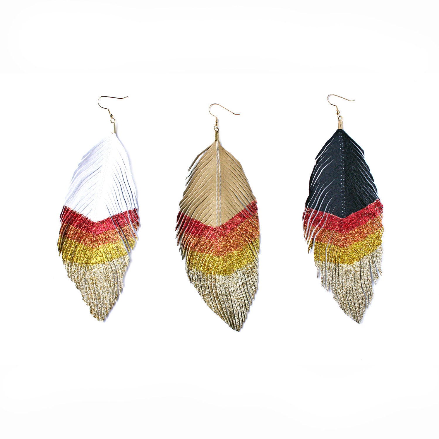 Girl On Fire - Glitter and Faux Leather BIG Feather Earrings