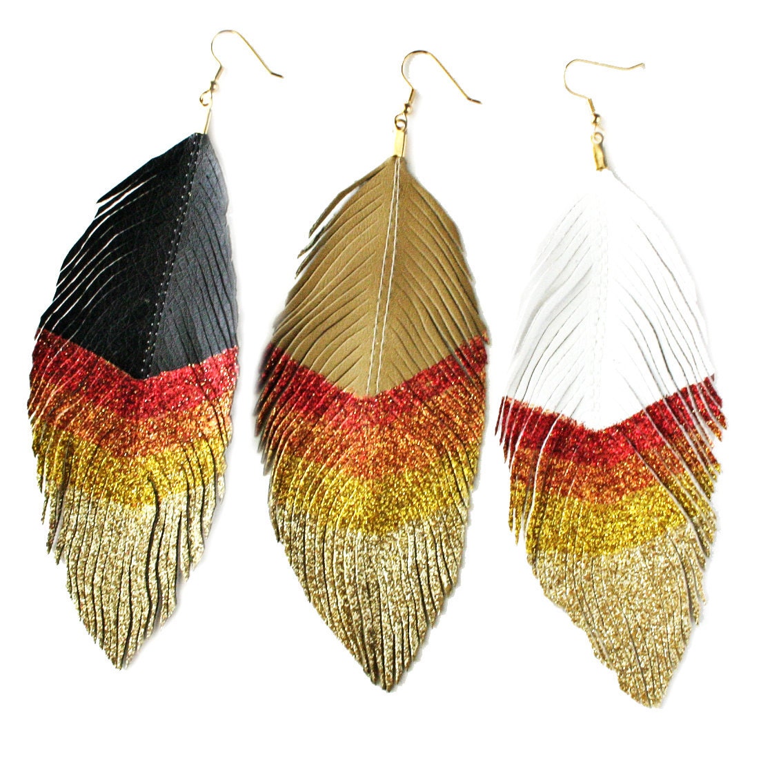 Girl On Fire - Glitter and Faux Leather BIG Feather Earrings