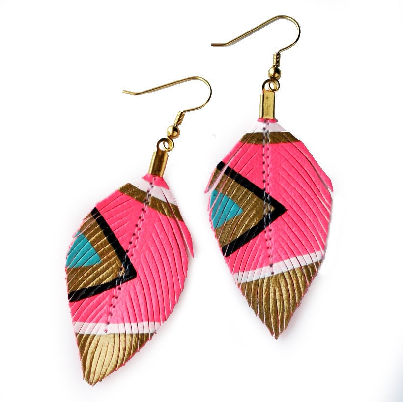 Neon Aztec - Electric Pink - 3 inch - Faux Leather Feather Earrings