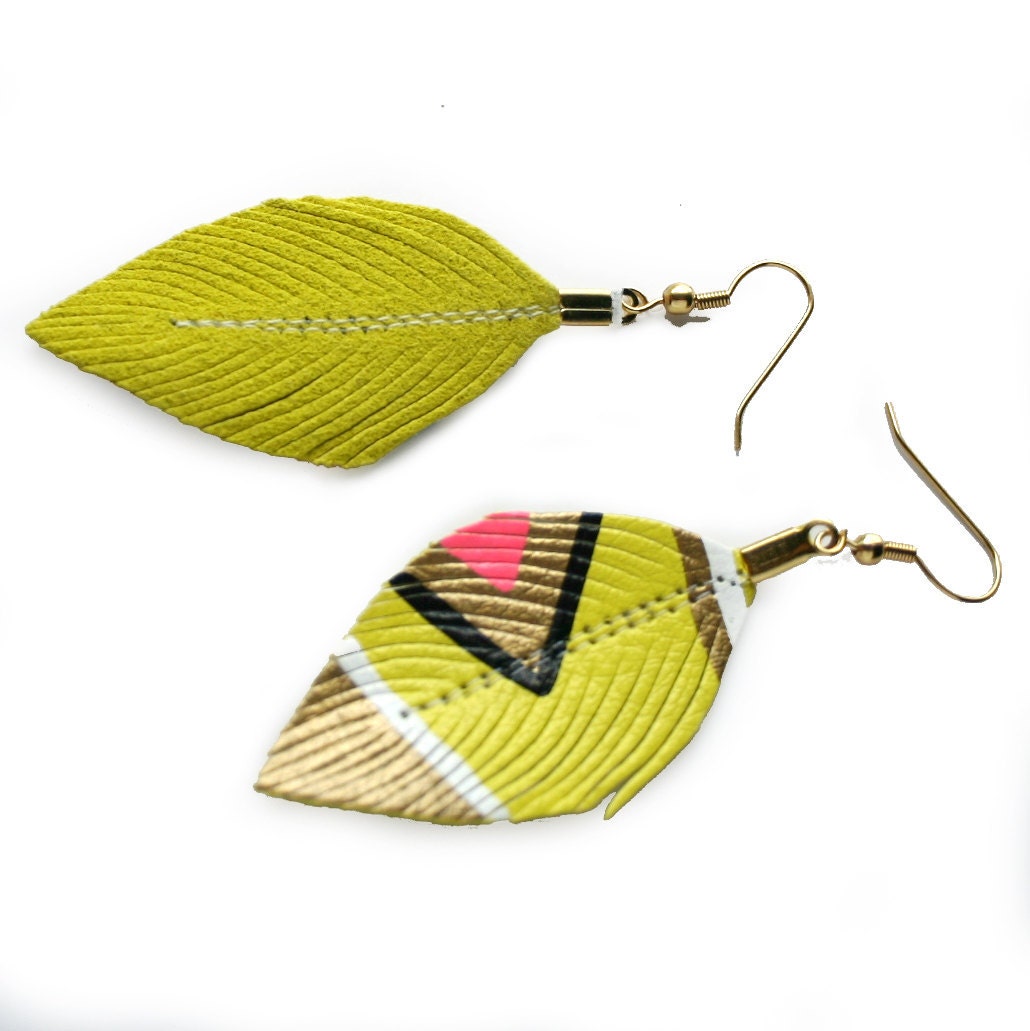 Neon Aztec - Butter Yellow - 3 inch - Faux Leather Feather Earrings