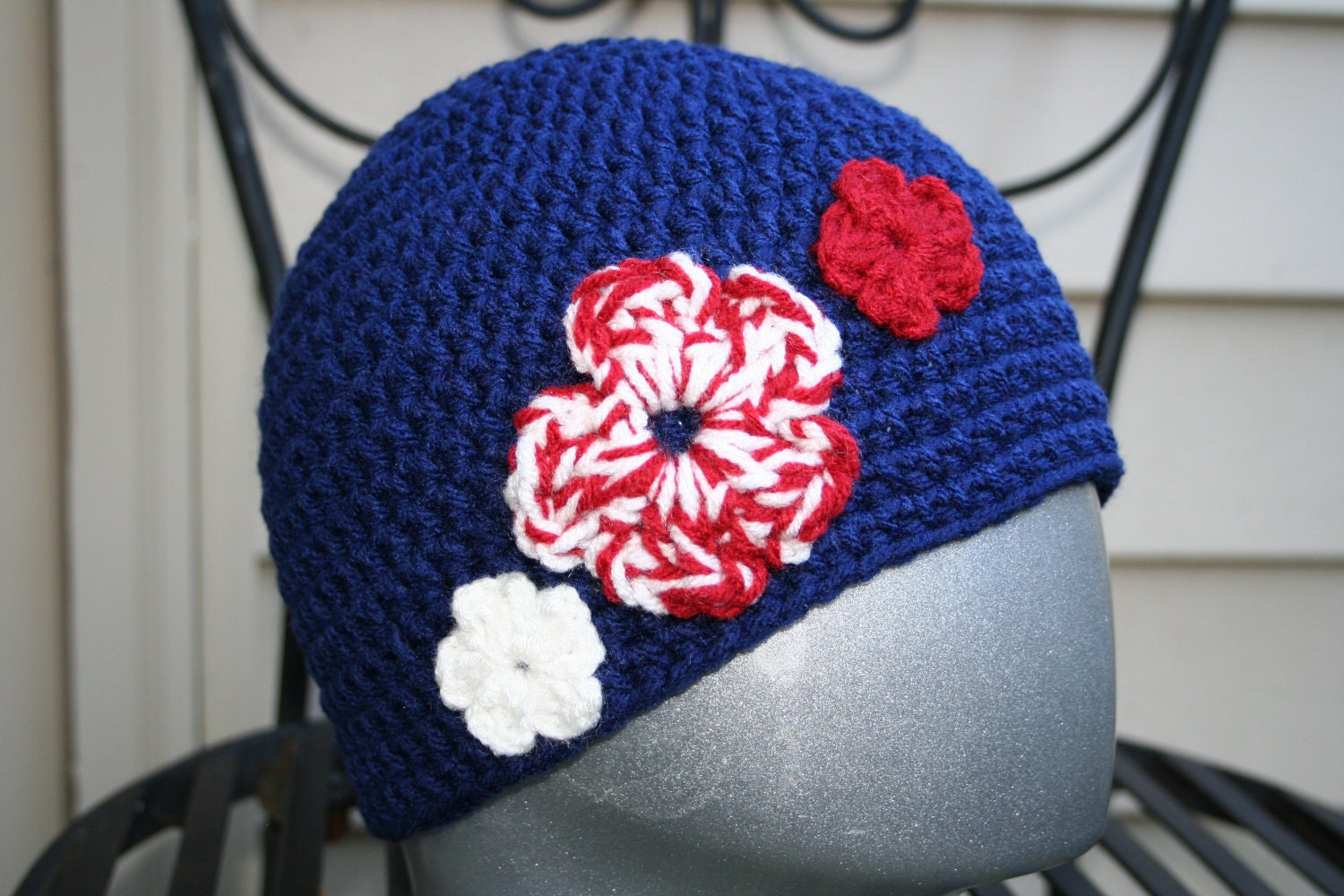 Women's Navy Beanie with Red and White flowers