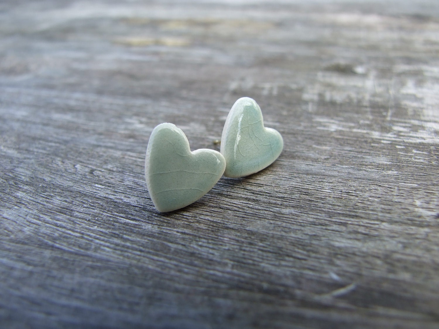 Grey jade heart earrings celadon green crackle glaze little hearts stud posts grey green soft green