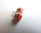 Tiny heart earrings bright red ceramic contrasting white edges stud posts Valentine's Gift