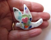 SALE Dove brooch watercolour crackle glaze little pink heart pastels