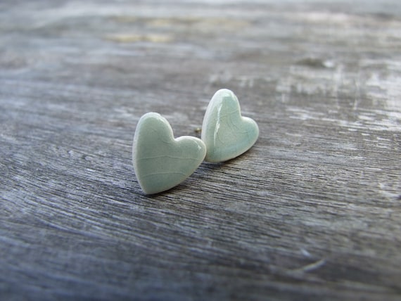 Grey jade heart earrings celadon green crackle glaze little hearts stud posts grey green soft green