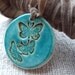 Butterfly pendant, bronze and turquoise crackle glaze, tied with a butterscotch vintage velvet ribbon