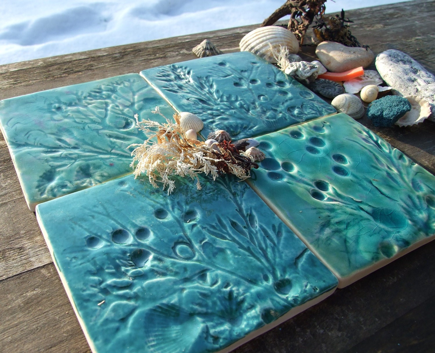 Coaster set of 4 Ceramic tiles shells seaweed fossils Beach Summer Lyme Regis Jurassic coast green turquoise
