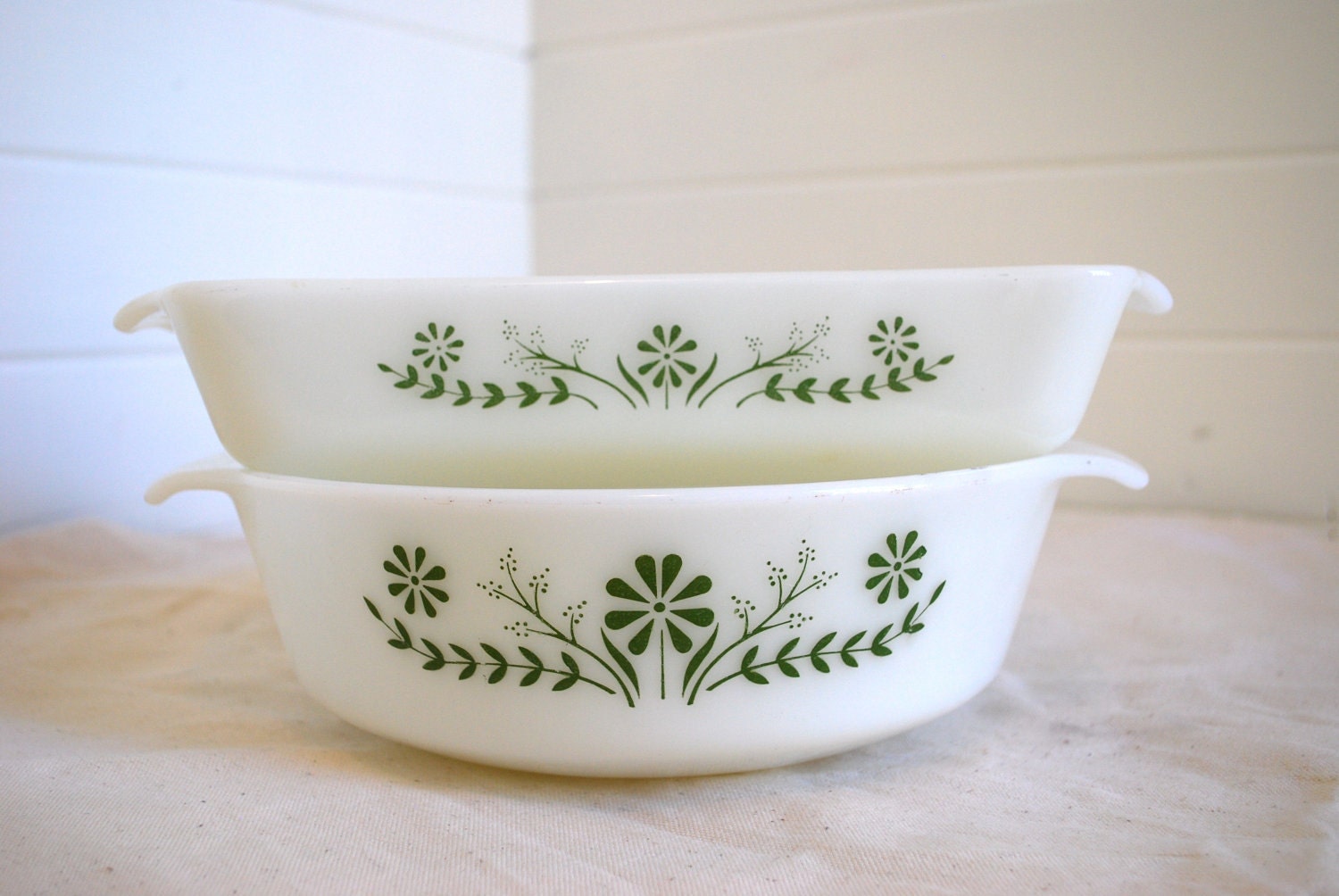ON SALE retro 60s green queen victoria glasbake ovenware refrigerator dishes eames era style