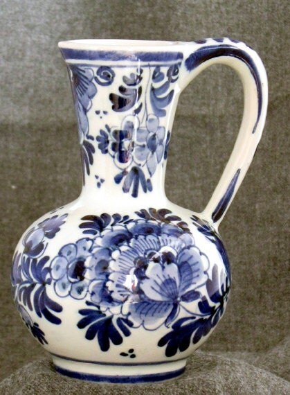 Vintage Delftware Blue Handpainted Pitcher From Holland 1960s
