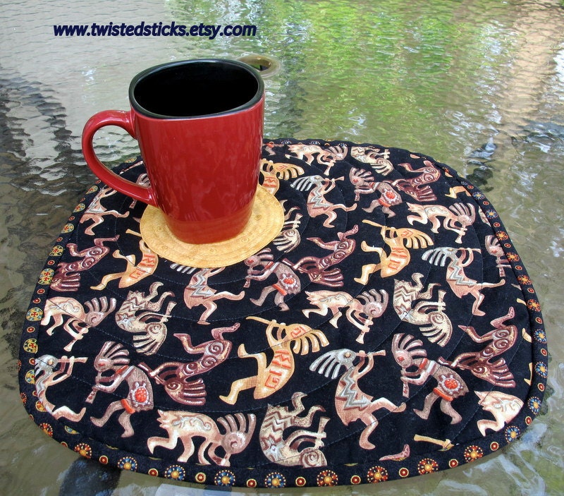 Kokopelli Quilted Placemat, Southwestern Placemats, Snack Mat Set of 2 Black Cream Rust
