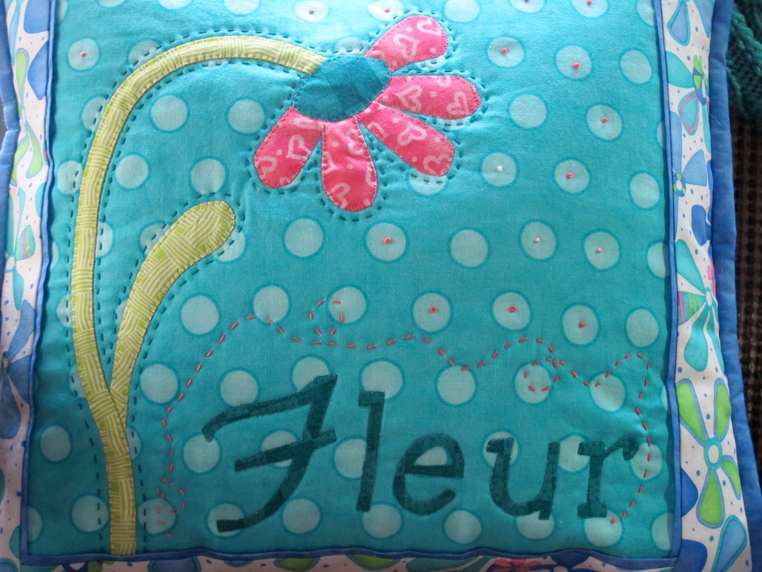 Decorative Throw Pillow in Turquoise, applique throw pillow, french throw pillow
