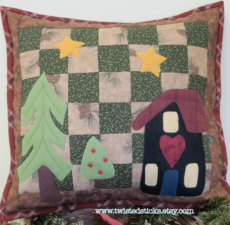 Quilted throw pillow, wool applique pillow, cabin decor, home decor, home and living
