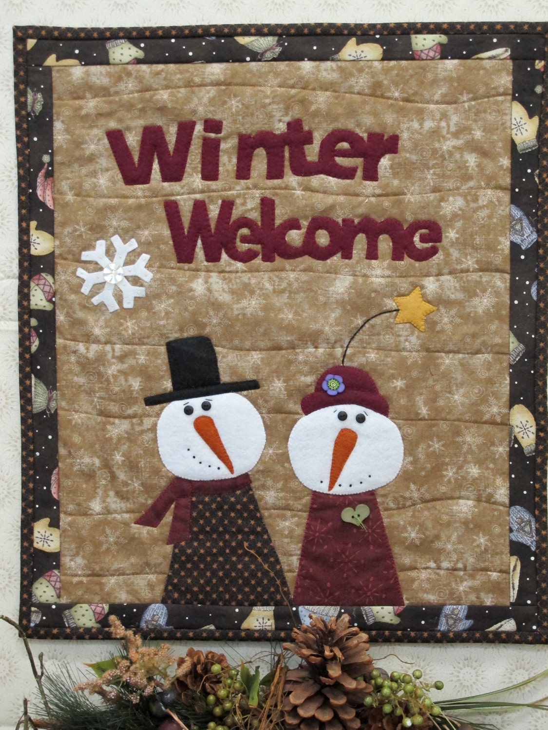 Snowman Wall Quilt, Quilted Wall Hanging, Snow Couple