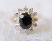 1980s vintage / 9k gold Sapphire and Diamond cluster ring // WEDDING DAY