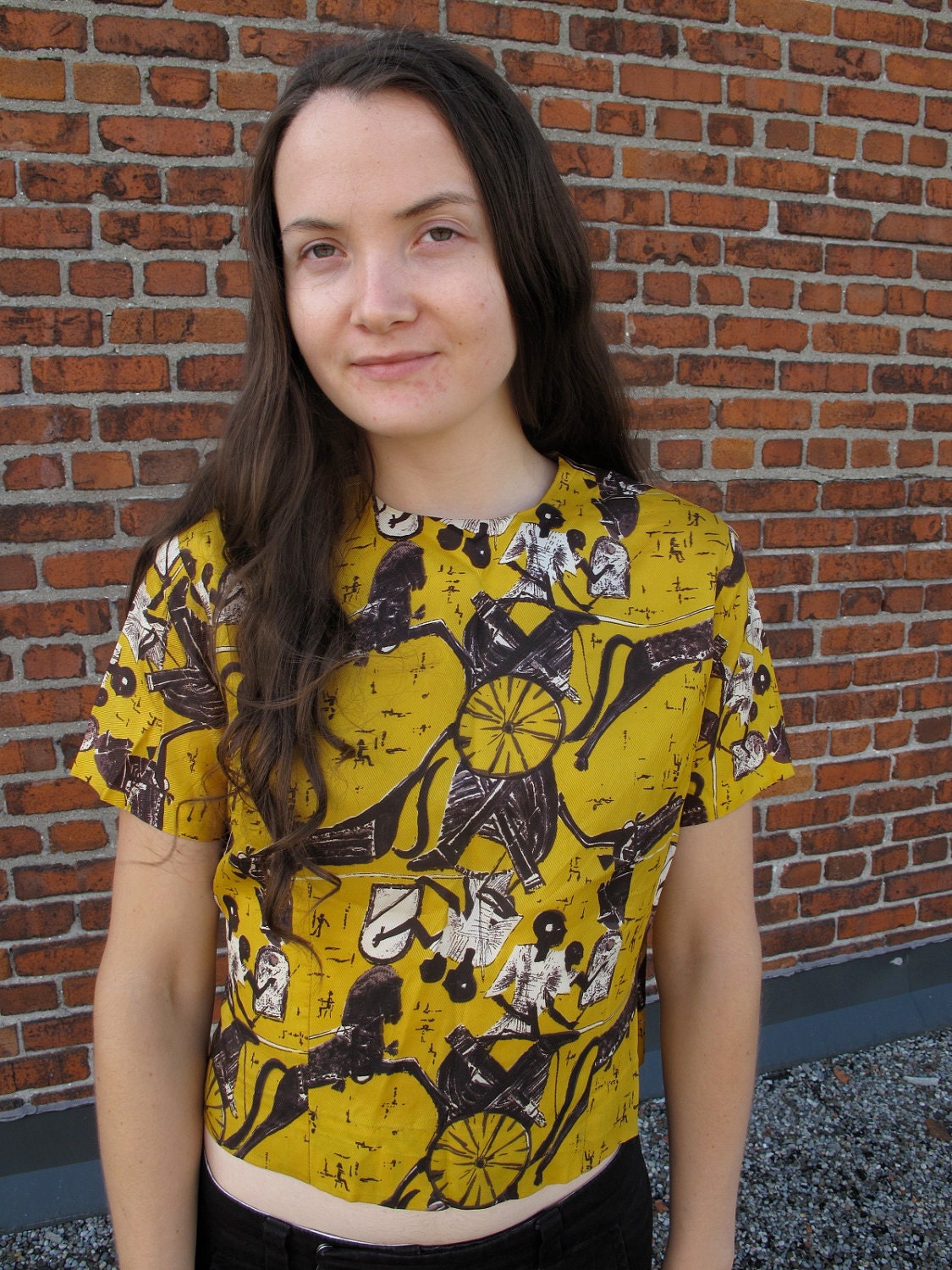 Sale: Gold short sleeve blouse with hieroglyph print