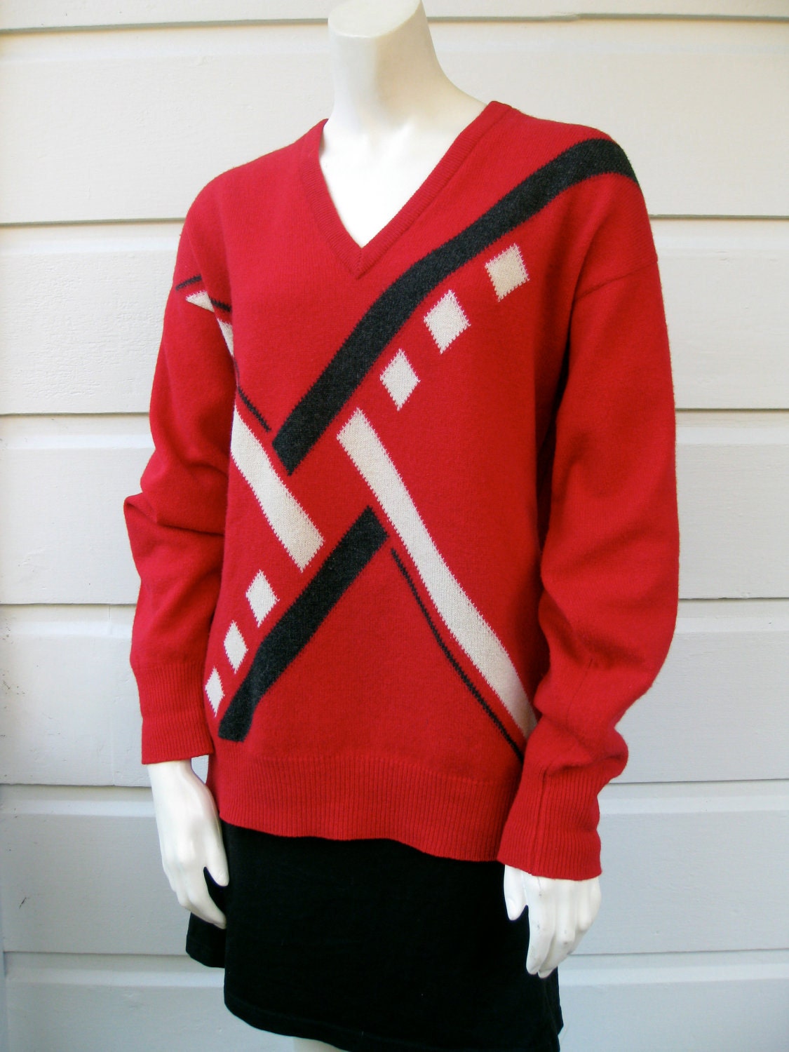1980s Lambswool Knit V-Neck Sweater in Red with Geometric Black and White by Lyle & Scott