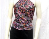 1970s Vintage Top - Floral Halter Top with Gold Neck Chain in Purples, Orange and Navy