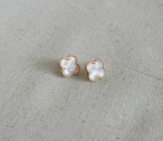 Delicate simple everyday alhambra ivory clover earrings
