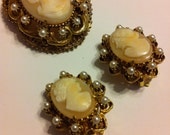 Stunning Florenza Shell Cameo Brooch and Earrings