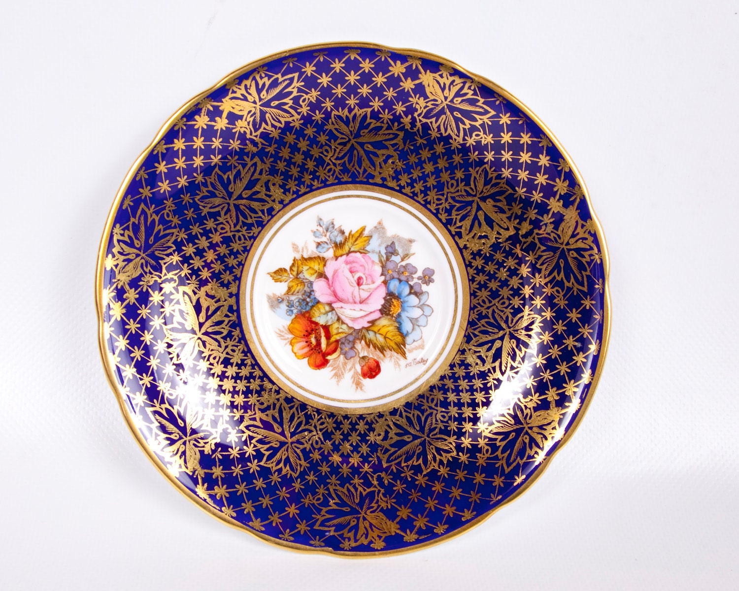 Vintage Aynsley Saucer Bone China Cobalt Blue and Gold England Hand Painted Artist Signed Floral Design