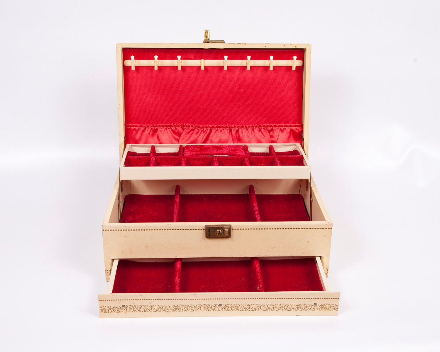Vintage Jewelry Box Red Velvet Lined Satin by LeVintageGalleria
