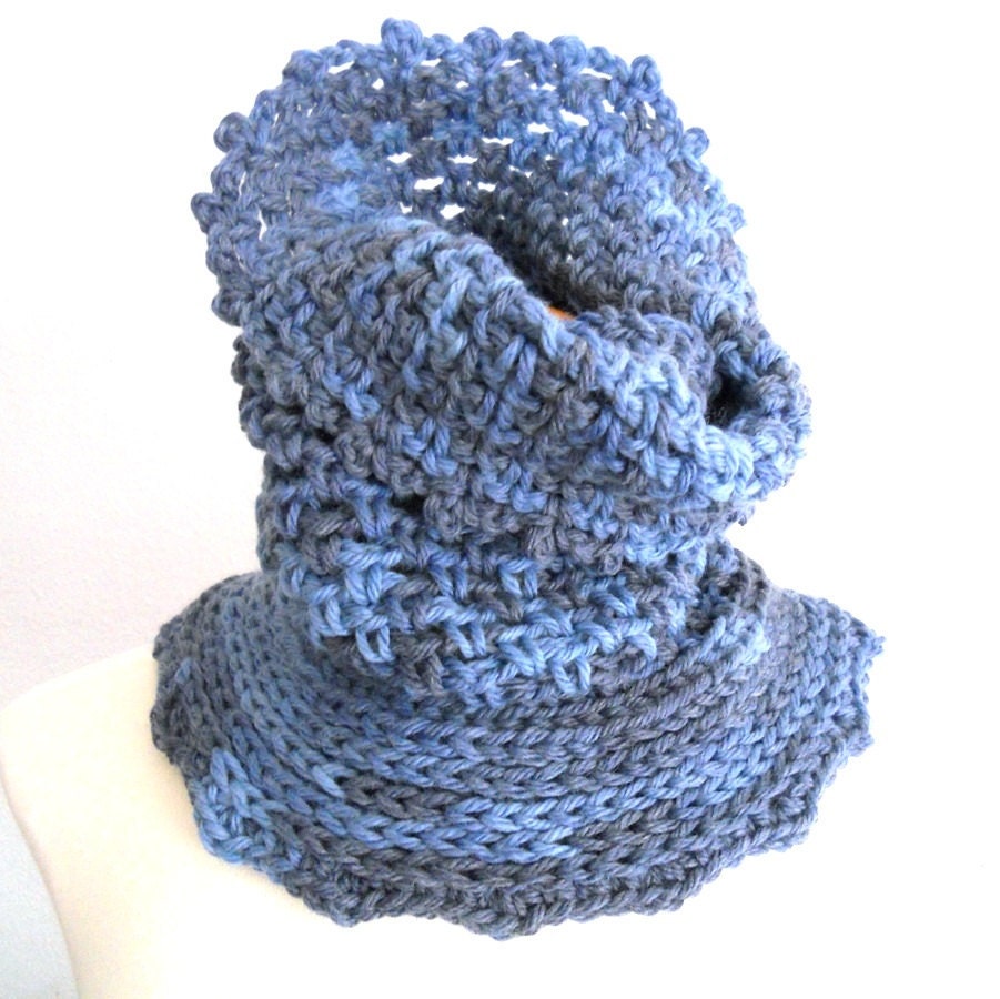 Blue neckwarmer, blue gray cowl, chunky merino neckwarmer, snood style blue winter accesories