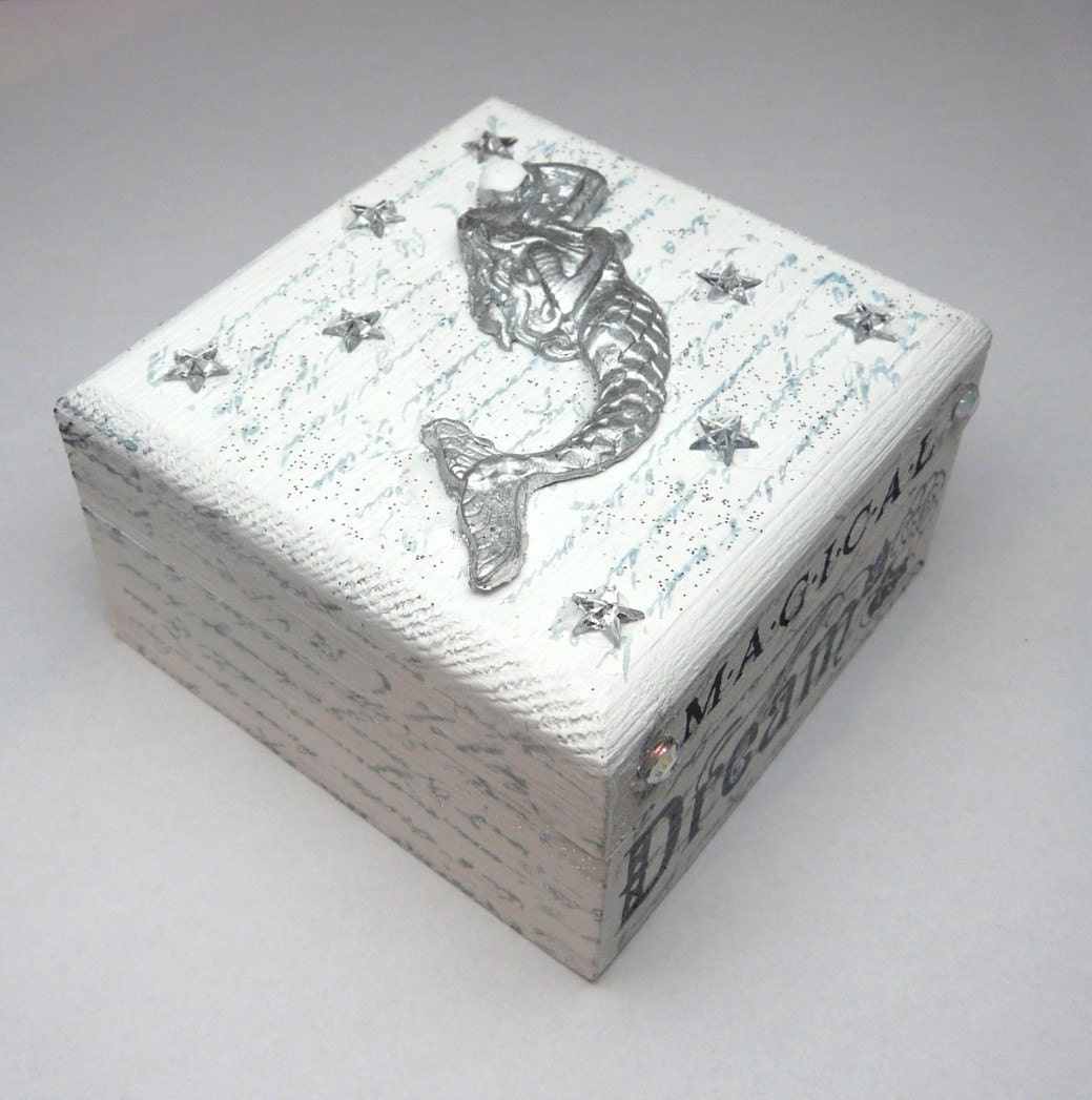 On Sale - Mermaid Trinket Box in Silver & White with Stars, Sparkly Altered Art