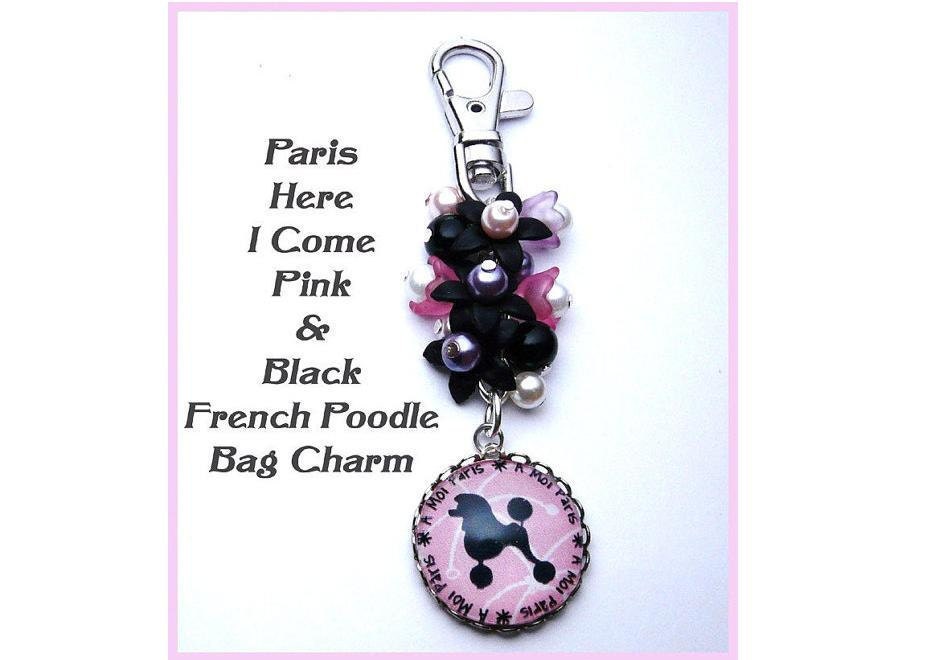 Paris Bag Charm / Key Ring Pink & Black with French Poodle