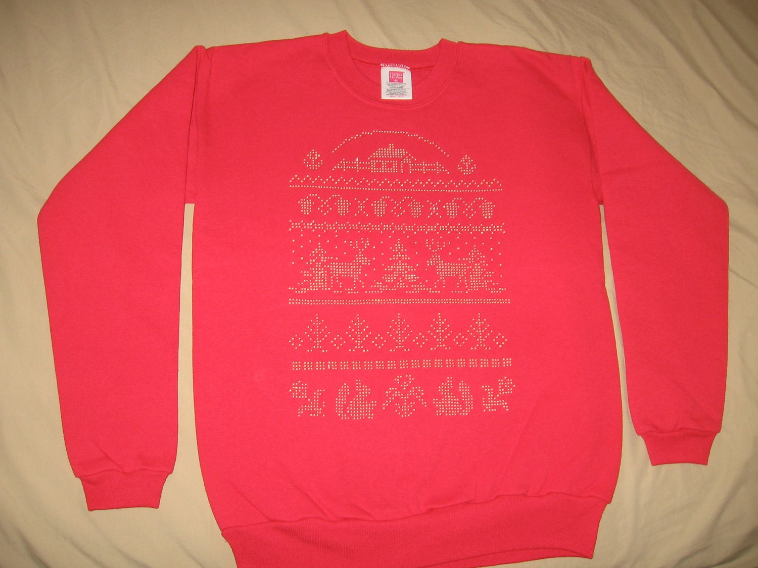 Ugly Christmas Sweater Sweatshirt Winter Scene Red Size Small Handpainted Beaded Sampler