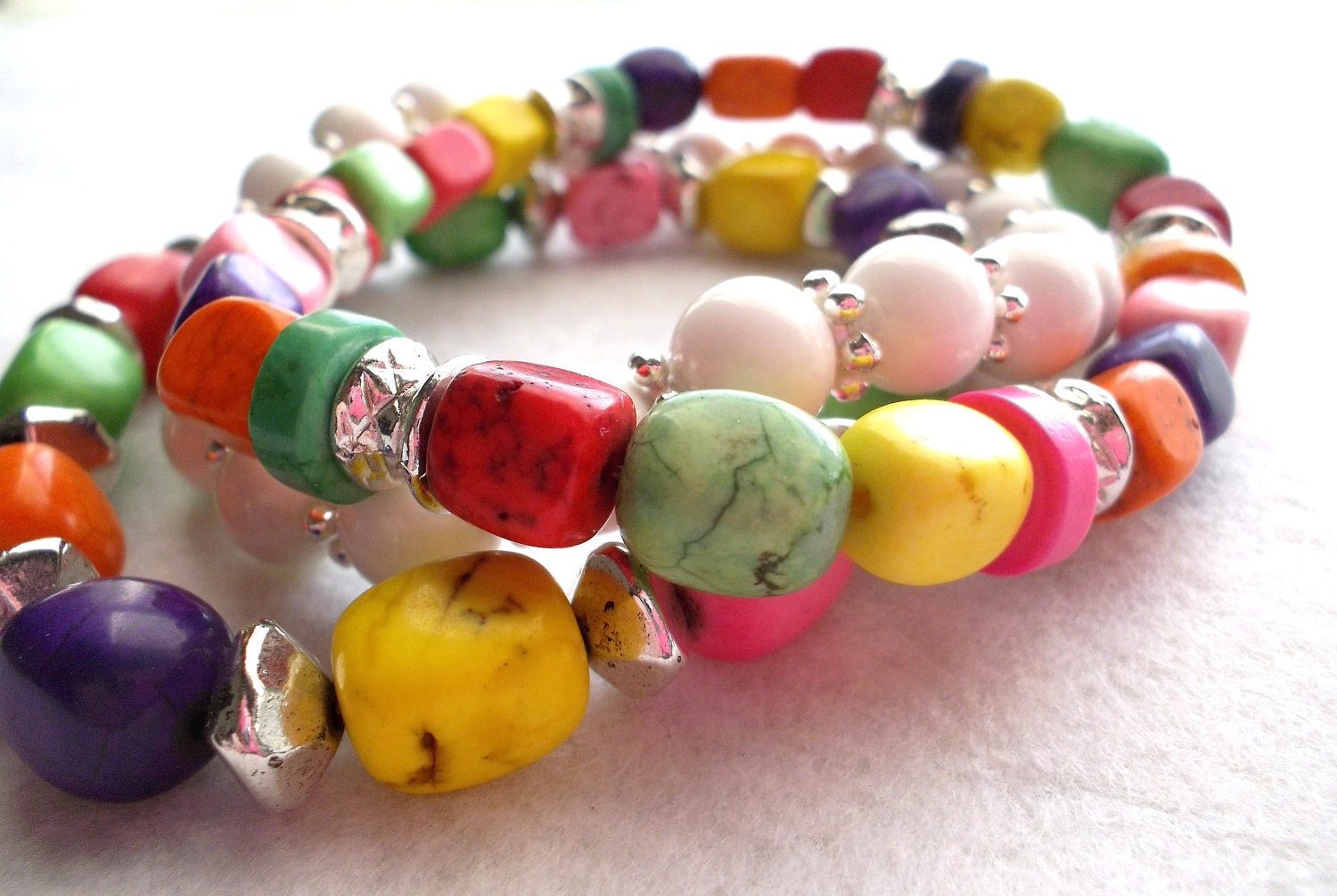 Beaded Stretch Bracelets Bright Multicolor Magnesite and Silver Bead Three Strands