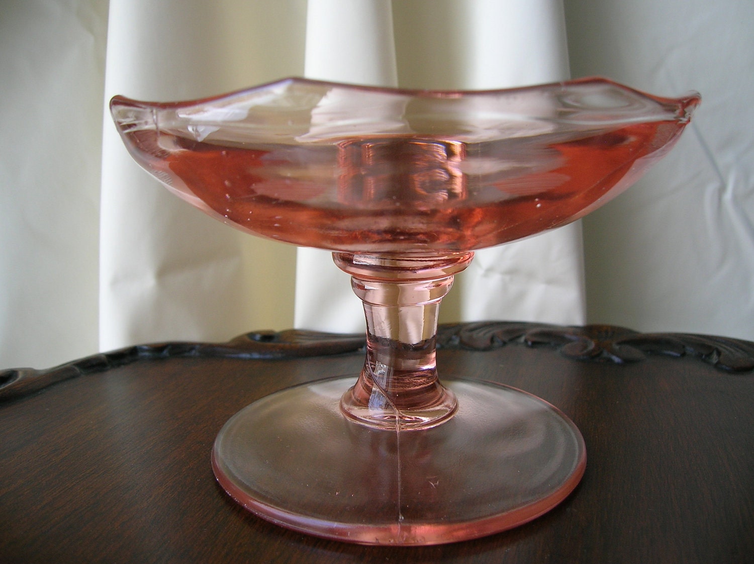 Pink Glass Compote Dish with Etching