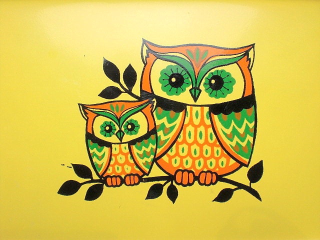 Vintage owl tray / retro kitchen / yellow / orange / green / folk owl / desk office decor / kitsch / Japanese