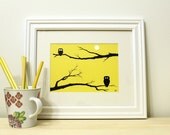 Owl Art Print - Woodland Animal Silhouette - Kids Room - Colorful Giclee Print - Yellow and Black 8x10