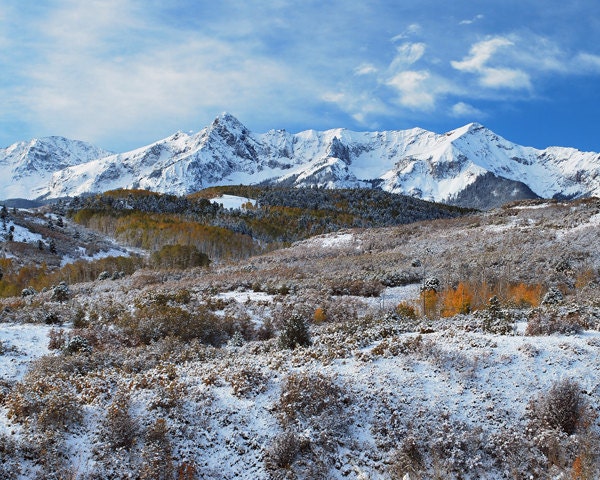 Snow covered mountains fall colors Colorado landscape photograph print 16x20