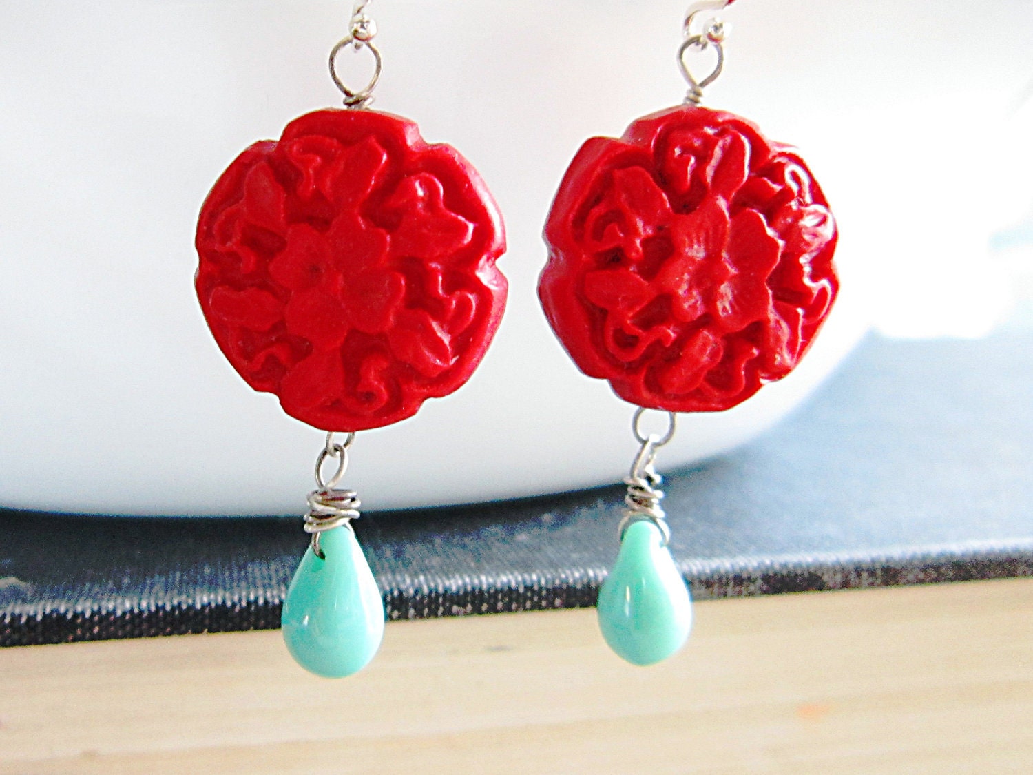 Cinnabar Flower Earrings Red Clay Flowers turquoise Czech Glass Dangle Oxidized Silver